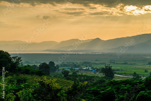 landscape with dramatic sky during sunset. The mountains in Myanmar, Inle lake