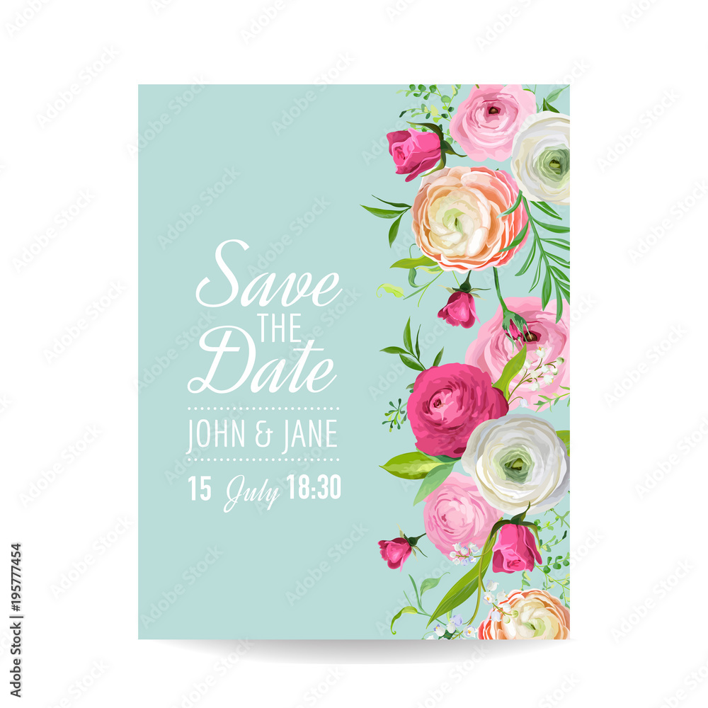 Save the Date Card with Blossom Ranunculus Flowers. Wedding Invitation, Anniversary Party, RSVP Floral Template. Vector illustration