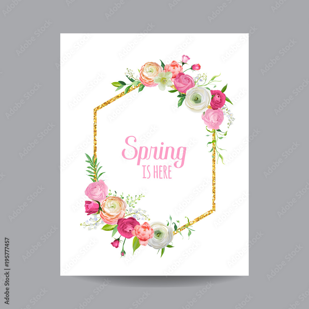 Blooming Spring and Summer Floral Frame with Golden Glitter Border. Watercolor Roses Flowers for Invitation, Wedding, Baby Shower Card in Vector Blooming Spring and Summer Floral Frame with Golden Glitter Border. Watercolor Roses Flowers for Invitation, Wedding, Baby Shower Card in Vector