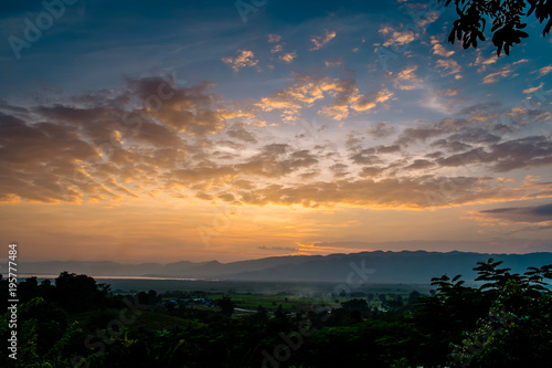 landscape with dramatic sky during sunset. The mountains in Myanmar, Inle lake