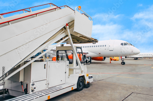 Passenger ramp ladder waiting for the plane after arrival at the airport.