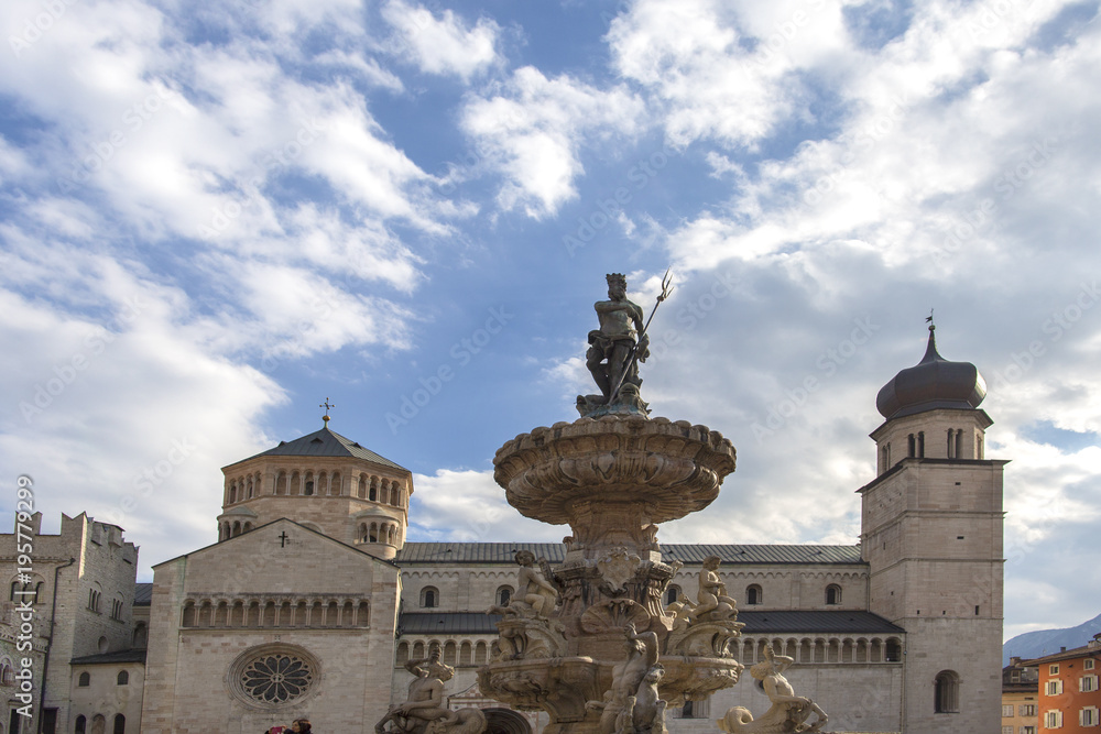 Obraz premium Trento, Trentino, Alps, Italy- 9 March, 2018: main square Piazza Duomo with the Late Baroque Fountain of Neptune. Trento is the city in Trentino Alto Adige, northern Italy.
