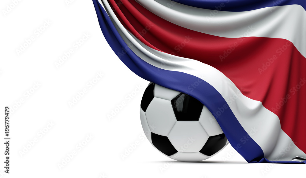 Obraz premium Costa Rica national flag draped over a soccer football ball. 3D Rendering