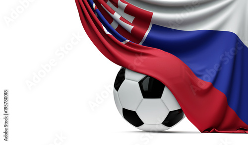 Slovakia national flag draped over a soccer football ball. 3D Rendering
