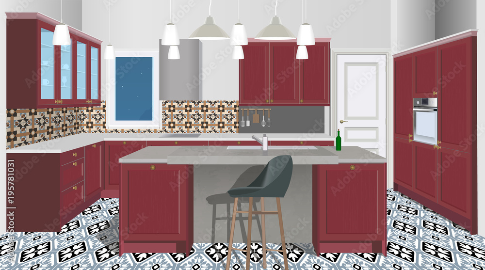 Burgundy kitchen interior background with furniture. Design of modern kitchen. Symbol furniture. Kitchen illustration
