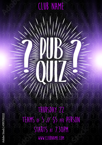 Quiz night announcement poster design web banner background vector illustration. Pub quiz held in a pub or bar, night club. Modern pub team game. Questions game shining retro light banner