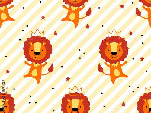 Fototapeta Naklejka Na Ścianę i Meble -  Seamless pattern with cute lion princess in crown. Creative childish texture. Great for fabric, textile Vector Illustration. Perfect for wallpaper, pattern fill, web page background, surface textures