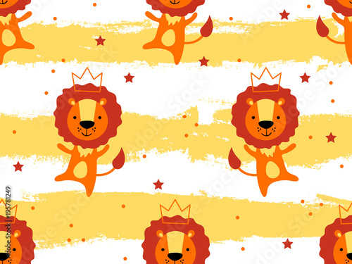 Fototapeta Naklejka Na Ścianę i Meble -  Seamless pattern with cute lion princess in crown. Creative childish texture. Great for fabric, textile Vector Illustration. Perfect for wallpaper, pattern fill, web page background, surface textures