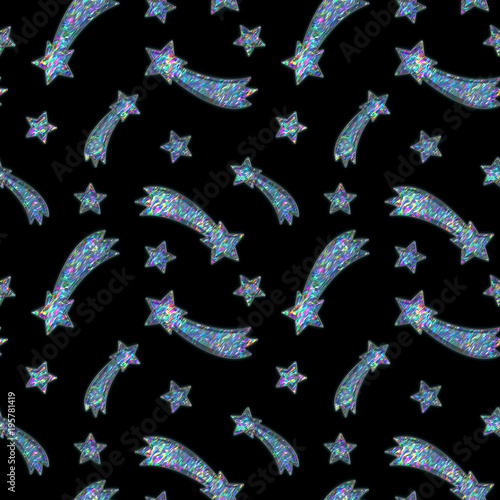 Seamless Holographic Stickers Pattern Falling stars on black