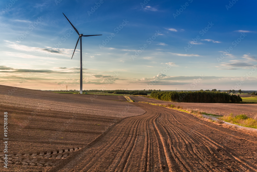 Sunset at brown field, blue sky and wind turbine, Poland Sunset at brown field, blue sky and wind turbine, Poland
