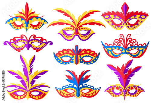 Set of carnival face masks. Masks for party decoration or masquerade. Colored mask with feathers. Vector illustration isolated on white background. Web site page and mobile app design