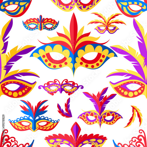 Seamless pattern of carnival face masks. Masks for party decoration or masquerade. Colored mask with feathers. Vector illustration on white background. Web site page and mobile app design