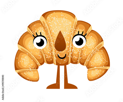 Cute croissant cartoon character. Crossiant mascot. Funny positive and friendly bakery pastry emoticon face icon. Happy smile cartoon face food. Vector illustration isolated on white background