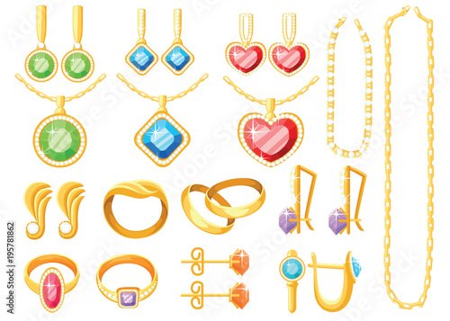 Set of golden jewelry. Golden rings, earrings, chains, and necklaces collections. Cartoon jewelry accessories. Vector illustration isolated on white background