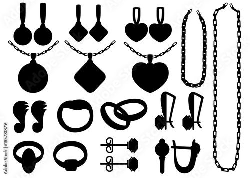 Black silhouette. Set of golden jewelry. Golden rings, earrings, chains, and necklaces collections. Cartoon jewelry accessories. Vector illustration isolated on white background