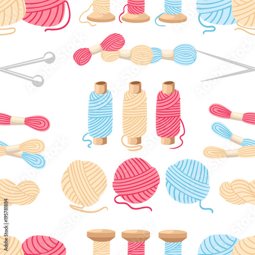 Seamless pattern. Threads for sewing for cross stitching set tools for sewing knitting needles vector wool knitwear yarn thread knitting weaving wool vector cartoon illustration multi-coloured