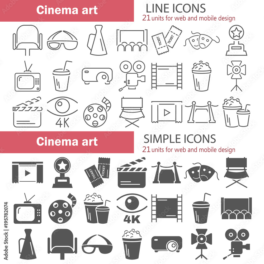 Line and simple cinema icons set Line and simple cinema icons set