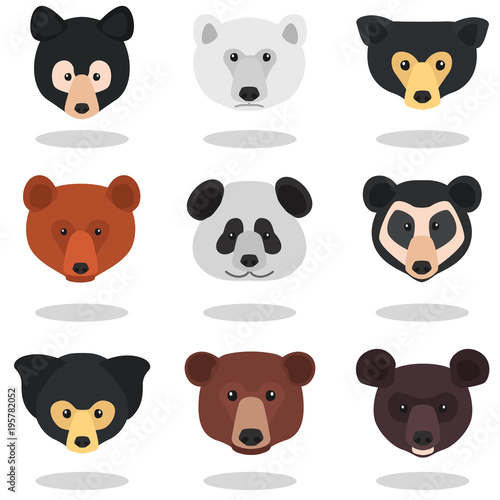 Set of different bear muzzles color flat icons