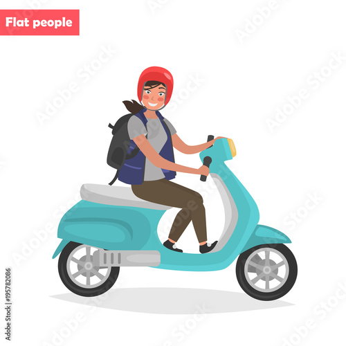 Girl on motor scooter color flat illustration