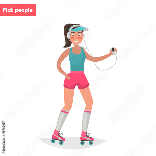 A young girl goes rollerblading color flat illustration