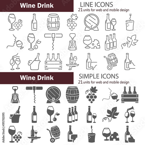 Simple and line wine icons set