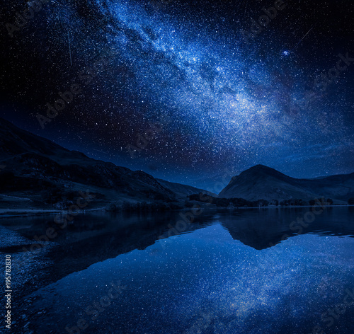 Milky way and stars reflection in lake, District Lake, England