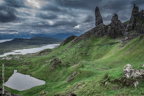 Dark and cold Old Man of Storr in Scotland