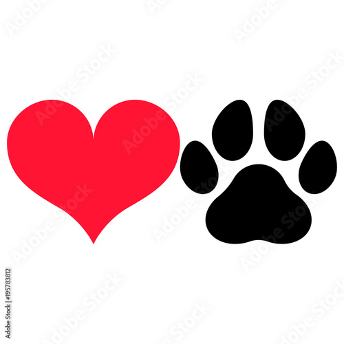 Heart symbol and a paw print silhouette, isolated.