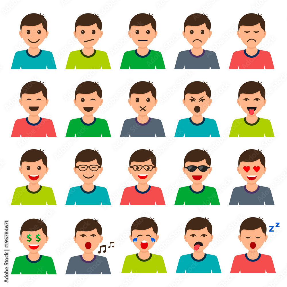 Men Head with Different Emotions Expression Mood set, vector isolated smile color collection Men Head with Different Emotions Expression Mood set, vector isolated smile color collection