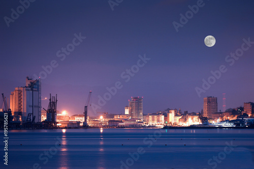 Night view of Savona with sea foreground and Moon in the background