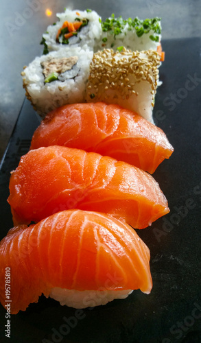 Japanese sushi - close up shot - fresh salmon