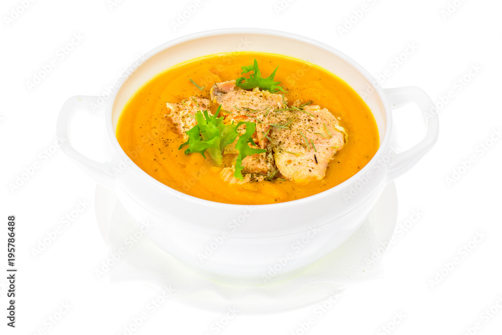 Pumpkin cream soup with slices of salmon Pumpkin cream soup with slices of salmon