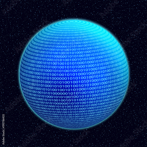 Abstract planet Earth from binary code. Glowing, blurry neon lines. Abstract background. Computer programming code. Global network – stock vector
