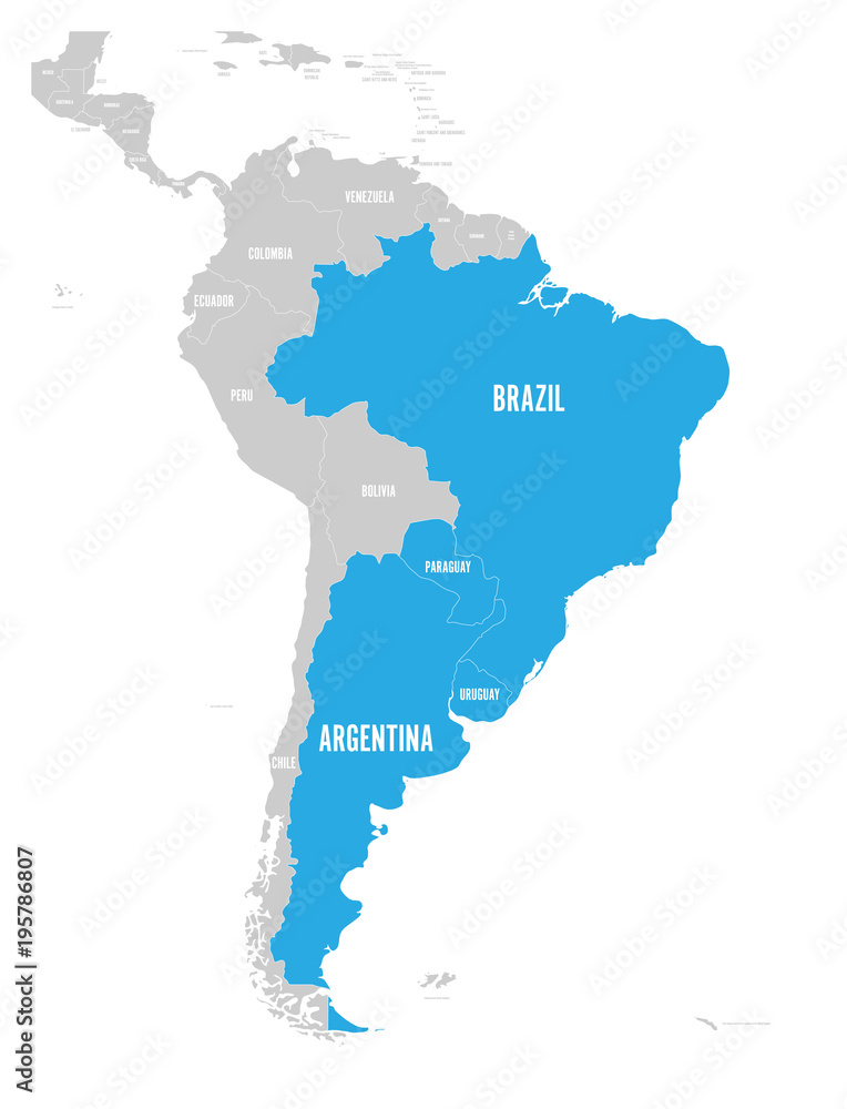 Map of MERCOSUR countires. South american trade association. Blue highlighted member states Brazil, Paraguay, Uruguay and Argetina. Since December 2016.