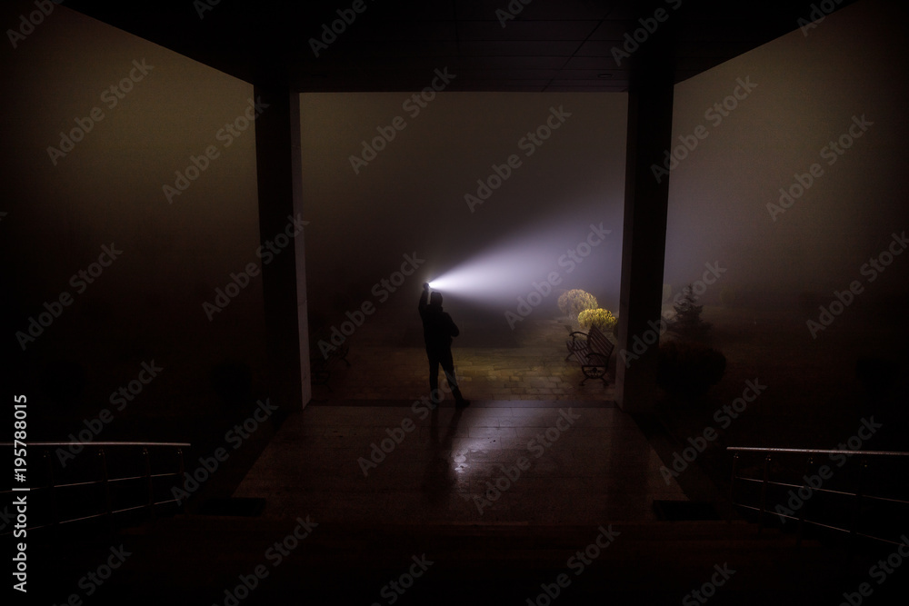 Creepy silhouette in the dark abandoned building. Dark corridor with cabinet doors and lights with silhouette of spooky horror person standing with different poses. Creepy silhouette in the dark abandoned building. Dark corridor with cabinet doors and lights with silhouette of spooky horror person standing with different poses.