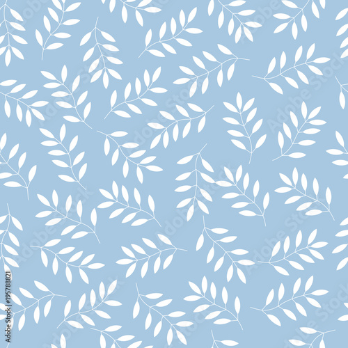 White leaves on blue background seamless pattern. Vector background.