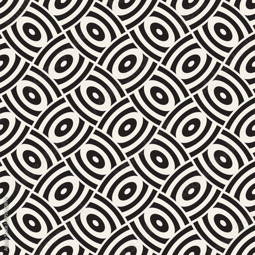 Vector geometric seamless pattern with curved shapes grid. Abstract monochrome rounded lattice texture. Modern repeating background design