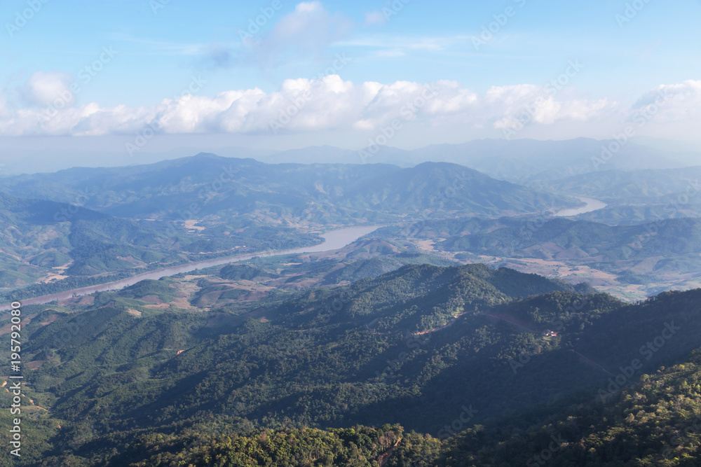 landscape view of Doi Pha Tang mountain with Mekong river in afternoon Chiang Rai, Thailand.