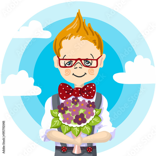 1st school day, september education, color hand paint draw of smile school boy red glasses who take a bouquet flowers to his teacher at school, to mam, to girl, blue sky with white cloud background photo