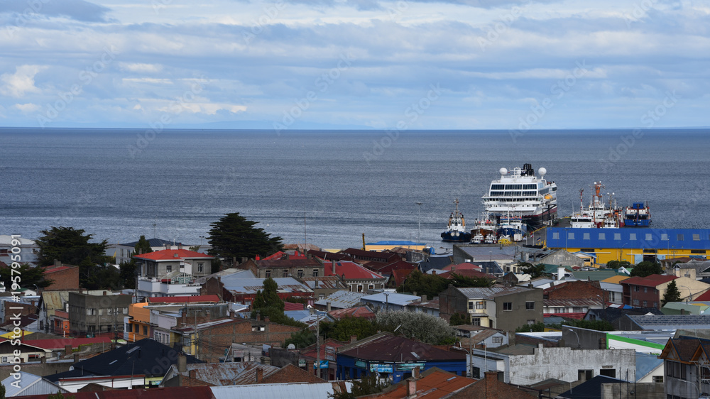 Panoramic view of Punta Arenas and Straits of Magellan. Patagonia, Chile, South America