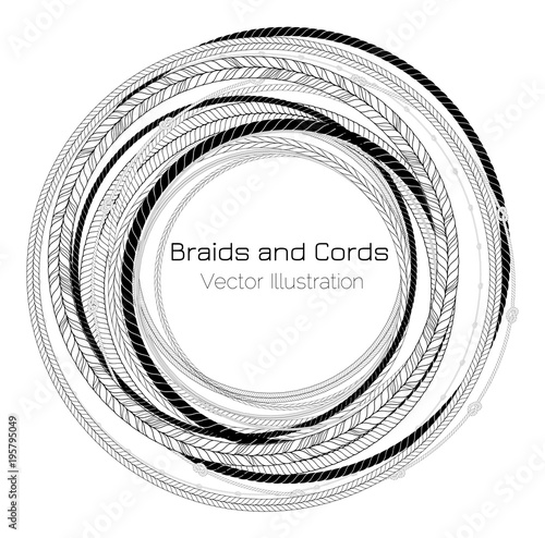 Vector Black and White Braids and Cords Round Bight Background - Simple Ropes Frame Template for Design Project 
