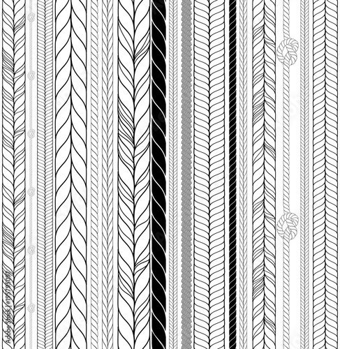 Vector Seamless Black and White Braids and Cords Background - Repeating Simple Ropes Template for Design Project 
