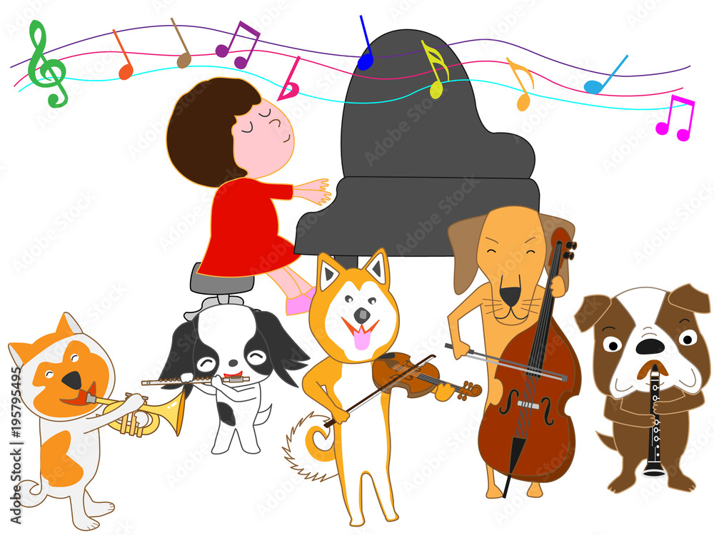 Naklejka premium 犬のコンサート。子供と犬が歌ったり、楽器を演奏したりしている。