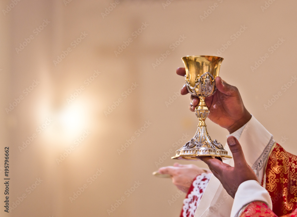 Fototapeta premium hands of the priest raise the blood of Christ