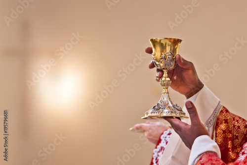 hands of the priest raise the blood of Christ