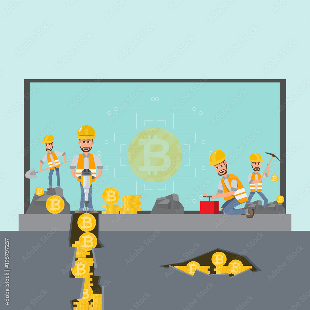 Cryptocurrency concept. businessman, miner with shovel and digging tools working in the mine under laptop for making money with coins or bitcoin in online.