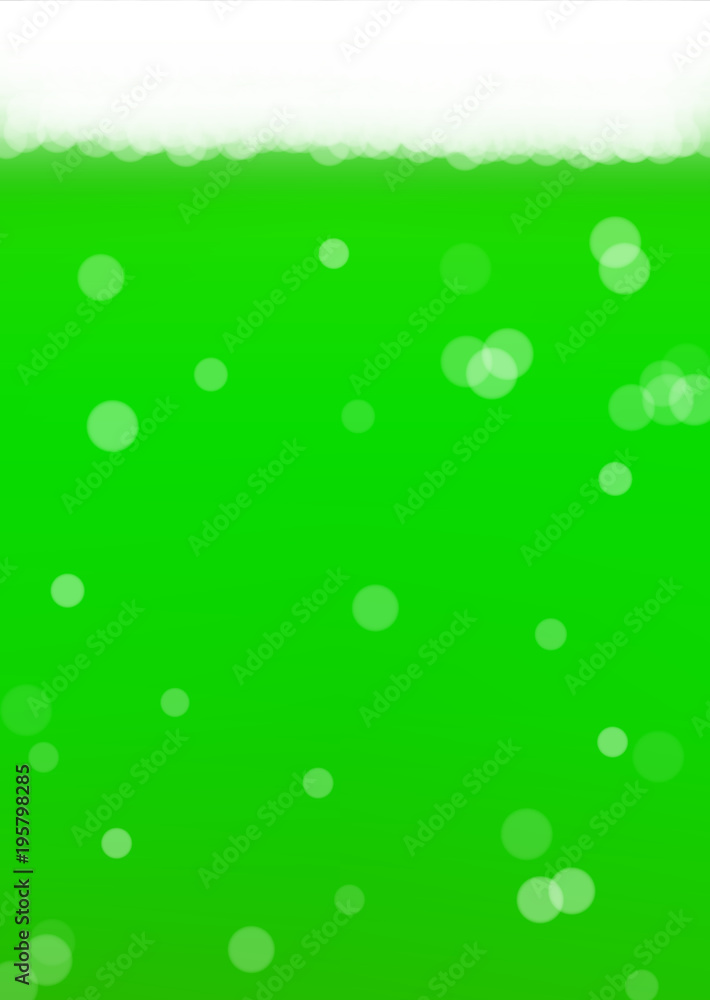 Green beer background for Saint Patricks Day with bubble foam. Cool liquid drink for pub and bar menu design, banners and flyers.  Realistic backdrop with green beer for St. Patrick. Cold ale glass