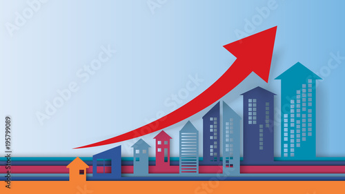 Business concept of paper art style.Cityscape building with arrows shape look like growing graph and charts.Vector illustration.