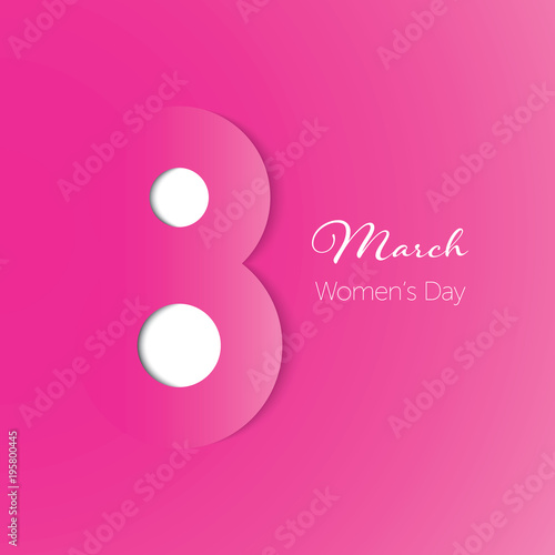 March 8 in paper cut style with shadows on pink color. International Women's day pink background. Vector illustration.