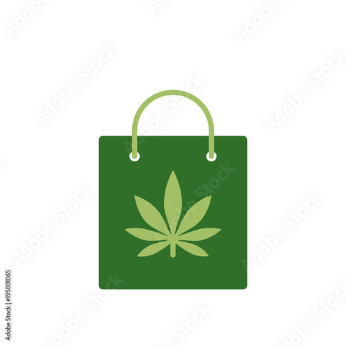 Bag of medicinal cannabis (marijuana). Bag with marijuana icon. Medical marijuana icon. Drug symbol. Drug consumption, marijuana use. Marijuana Legalization. Vector illustration on white background.